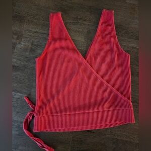 Club Monaco Red Ribbed Wrap V Neck Crop Top